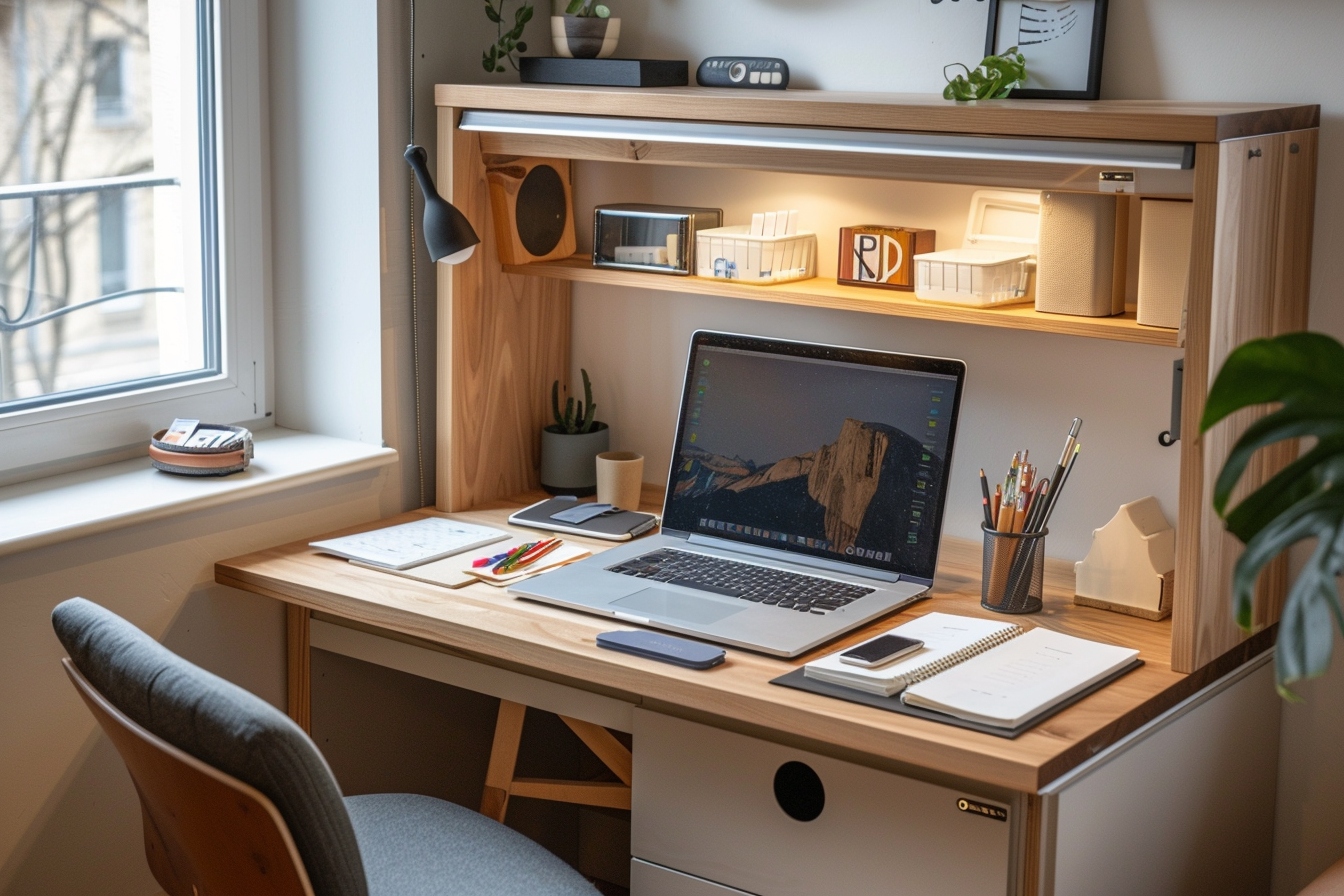 Vue aérienne astucieuse d'un coin bureau fonctionnel élégamment aménagé dans un petit appartement, optimisant l'espace et le confort.