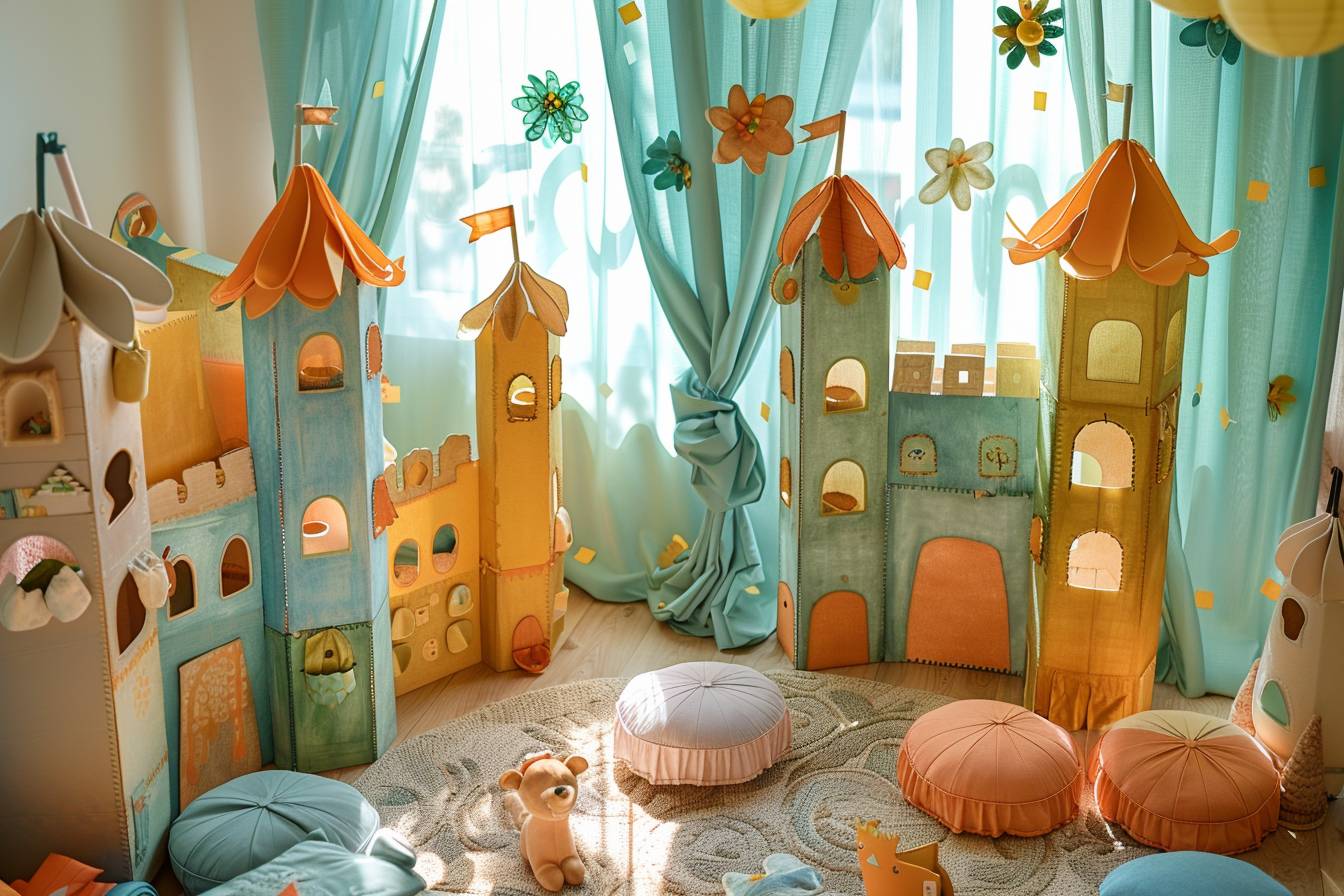 Chambre d'enfant éco-inspirée décorée avec matériaux recyclés, combinant espace de jeu et de rêve