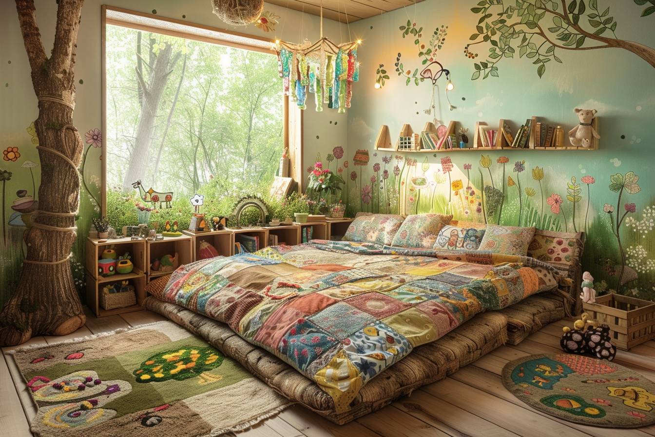 Chambre d'enfant décorée avec créativité en utilisant des matériaux recyclés pour un espace éco-amical et imaginatif.